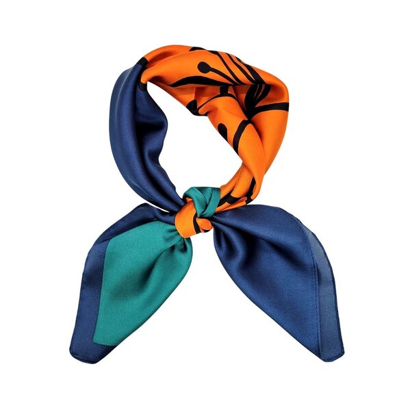 ❤️❤️Luxury Elegant Bandana Square Silky Scarf Floral Green Orange large Flowers - Picture 5 of 9